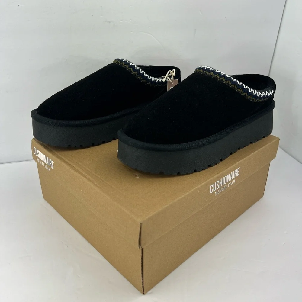 CUSHIONAIRE KABUKI GENUINE BLK SUEDE PLATFORM MULES,SIZE 7M, WARM & COMFORTABLE